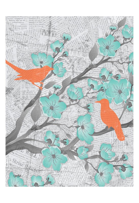 Diane Stimson, CHERRY BLOSSOM BLUE I (Zweige, Blütenzweige, Kirschblüten, Vögel, Silhouette, Zeitung, modern, Grafik, Wunschgröße, Treppenhaus, Wohnzimmer, bunt)