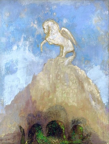 Odilon Redon, Weißer Pegasus. (Symbolismus, Figurativ, Pegsus, geflügeltes Pferd, griechische Mythologie, Fabelwesen, Berg, Treppenhaus, Wohnzimmer, Wunschgröße, klassische Moderne, Malerei, bunt)