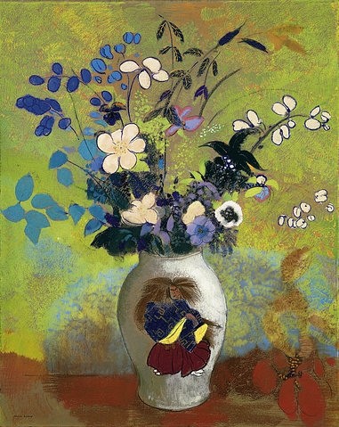 Odilon Redon, Blumen in einer Vase mit japanischem Krieger. Um 1905 (Postimpressionismus, Stillleben, Blumenvase, Blüten, Blumen, Sommerblumen, floral, klassische Moderne, Malerei, Wohnzimmer, Esszimmer, Treppenhaus, Wunschgröße, bunt)