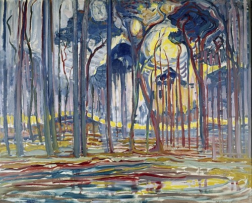 Piet Mondrian, Waldlandschaft bei Oele. 1908 (Eindhoven,Van-Abbe-Museum,Mondrian,Piet,1872-1944,Öl auf Leinwand,20. Jahrhundert,Mondrian,Piet Mondrian,Rechtecke,geometrisch,Geometrie,De Stijl,Fläche,abstrakt,Abstraktion)