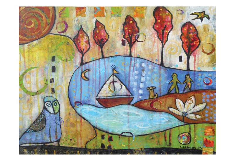 Shannon Crandall, PLAY (Vogel, Eule, Landschaft, See, Badesee, Sommer, niedlich, naiv, plakativ, Grafik, Schlafzimmer, Kinderzimmer, Wunschgröße, bunt)