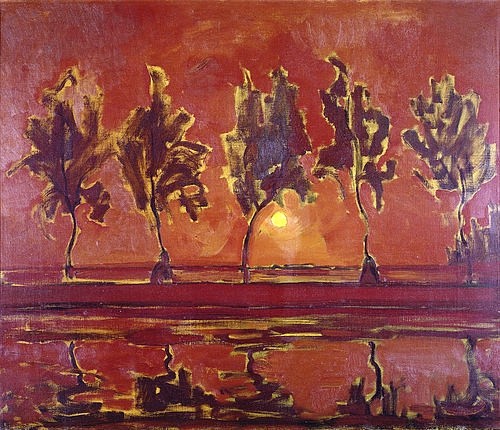 Piet Mondrian, Bäume am Gein bei aufgehendem Mond. 1907/08 (Den Haag,Gemeentemuseum,Mondrian,Piet,1872-1944,Öl auf Leinwand,20. Jahrhundert,Mondrian,Piet Mondrian,Frühwerk,Bäume,Landschaft,Silhouette,Mond,Abend,rot,fünf,Reflexion,Spiegelung)
