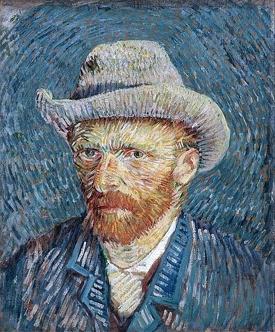 Vincent van Gogh, Selbstbildnis mit grauem Filzhut. 1887-88 (Gogh,Vincent van,1853-1890,Amsterdam,Van Gogh - Museum,Öl auf Leinwand,19. Jahrhundert,Gogh,Vincent van Gogh,Post-Impressionismus,Mann,Hut,blau,Bart,Vollbart,skeptisch,Selbstbefragung,Selbstportrait,Herr,blau,Duktus,Pinselstrich,flirrend,unruhig)