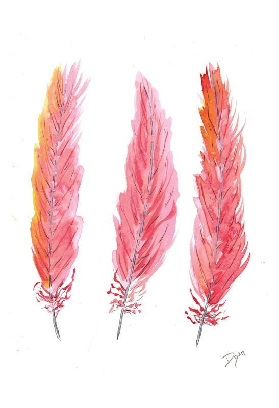 Beverly Dyer, FEATHER TRIO PINK (Federn, Vogelfedern,  Schlafzimmer, Wohnzimmer, Treppenhaus, Malerei, Wunschgröße,orange/pink)