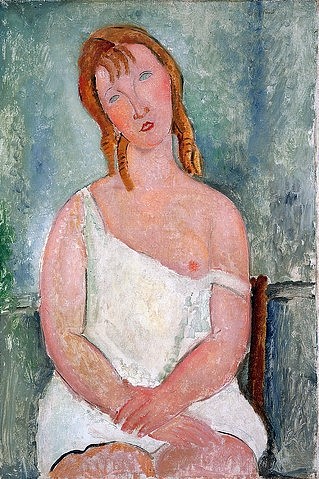 Amadeo Modigliani, Junges Mädchen in einem weißen Hemd. 1918 (Christie's Images Ltd,Modigliani,Amadeo,1884-1920,Öl auf Leinwand,Fotograf:  ? Christie's Images Ltd - ARTOTHEK,Unterhemd,Nachthemd)