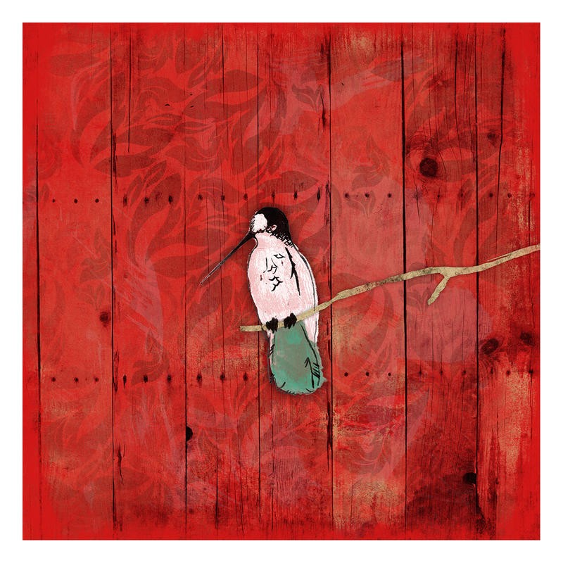 Jace Grey, HUE BIRD RED II (Vogel, Tier, Ast, Nostalgie,   filigran, zart, rote Paneele, Holzlatten, retro, Wunschgröße, Treppenhaus, rot)