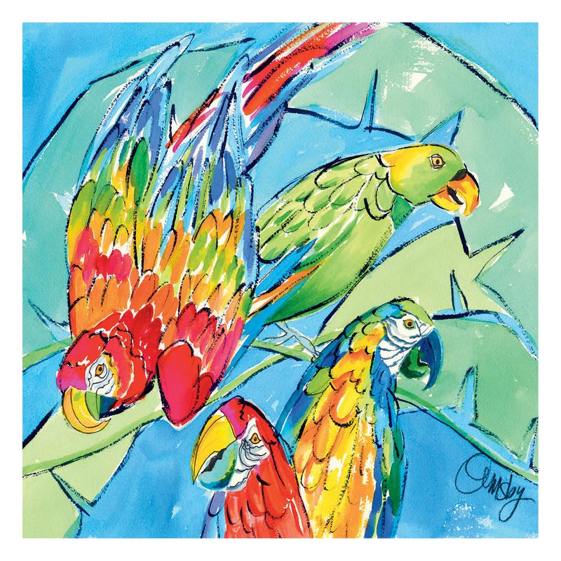Anne Ormsby, PARROT PARADE IV (Aras, Papageien, Vögel, Exotisch, Tierportrait, Malerei, Wunschgröße, Wohnzimmer, Treppenhaus, bunt)