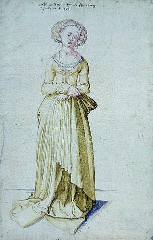 Albrecht Dürer, Nürnberger Mädchen im Tanzkleid. 1501 (Dürer,Albrecht,1471-1528,Basel,Kupferstichkabinett,Feder aquarelliert,16. Jahrhundert,albrecht dürer,frau,zeichnung)