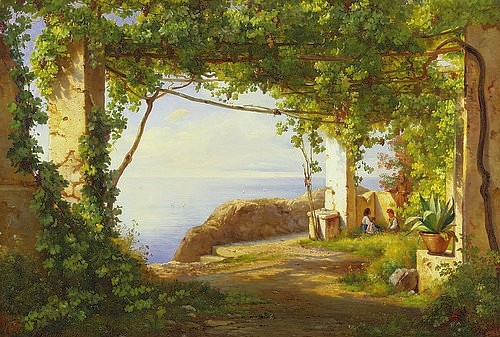 Carl Frederik Aagaard, Sorrento. 1875 (Christie's Images Ltd,Aagaard,Carl Frederick,1833-1895,Öl auf Leinwand,19. Jahrhundert,Carl Frederic Aagaard Italien Ausblick Pergola Weinranken Weinranke warm Südeuropa)