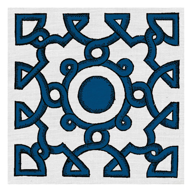 Tina Carlson, WOOD CUT E (Kachel, Muster, Ornamente, orientalisch, Holzschnitt, Grafik, Wunschgröße, Wohnzimmer, Treppenhaus,Küche, blau)