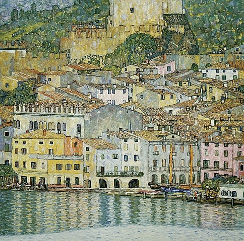 Gustav Klimt, Malcesine am Gardasee. 1913 (Aufnahme eines Lichtdrucks nach dem 1945  im Schloß Immendorf verbrannten Original) (Klimt,Gustav,1862-1918,Öl auf Leinwand,20. Jahrhundert,Klimt,Gustav Klimt,see,ufer,stadtansicht,stadt,wiener jugendstil)