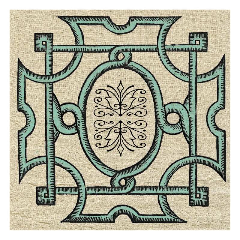 Tina Carlson, WOODCUT GREEN VII (Kachel, Muster, Ornamente, florale Muster, orientalisch, Holzschnitt, Grafik, Wunschgröße, Wohnzimmer, Treppenhaus, Küche, grün)