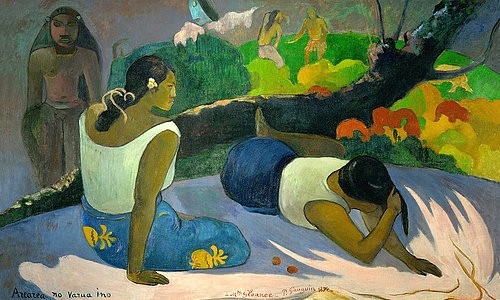 Paul Gauguin, Vergnügungen des bösen Geistes (Arearea no vareua ino). 1894 (Gauguin,Paul,1848-1903,Kopenhagen,Ny Carlsberg Glyptotek,Öl auf Leinwand,19. Jahrhundert,Paul Gauguin,Post-Impressionismus,Südsee,böser Geist,Frauen,Tahiti,Exotik,exotisch,Glaube)
