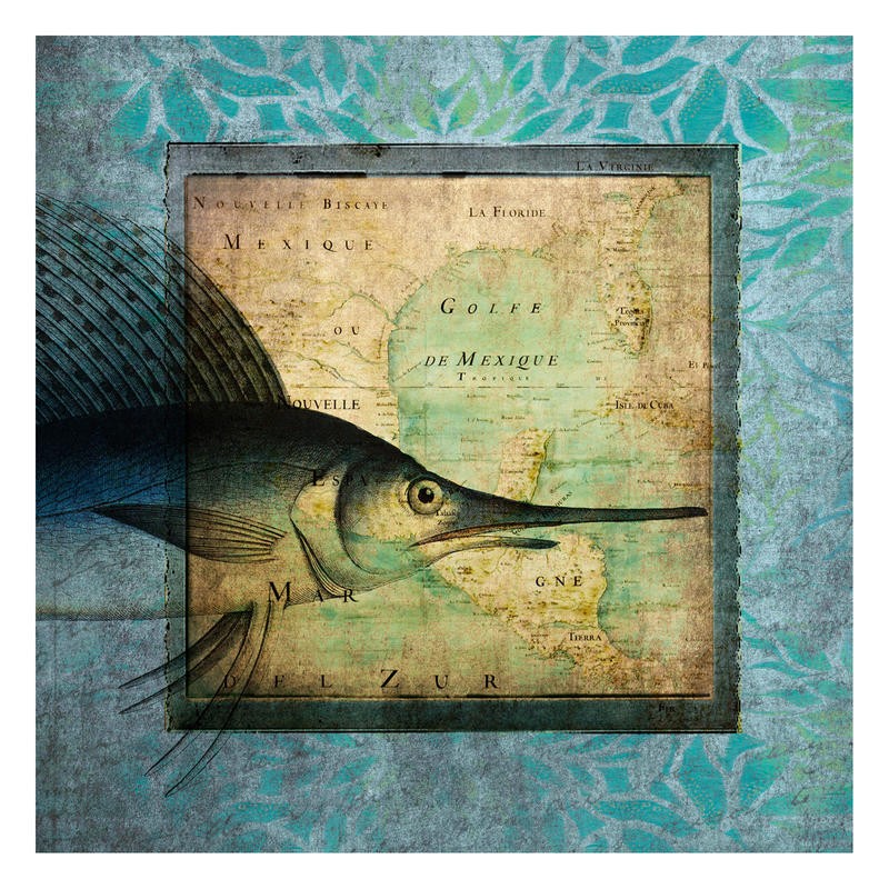 Tina Carlson, ROOSTER FISH MAP I (Geografische Karte, Fisch, Schwertfisch, Grafik, Wunschgröße, Wohnzimmer, Treppenhaus, Küche, Esszimmer, bunt)