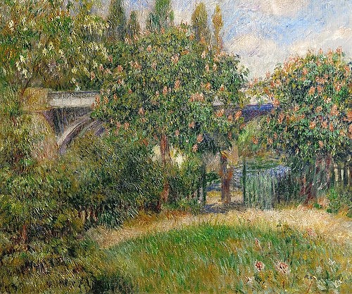 Pierre-Auguste Renoir, Eisenbahnbrücke in Chatou. 1881 (Landschaftsmalerei, Garten, Brücke, Sommer, Impressionismus, klassische Moderne, Wunschgröße, Wohnzimmer, Malerei)