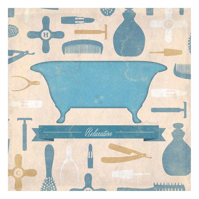 Jace Grey, BATHROOM ACCESSORIES II (Bad, Zubehör, Badewanne, Kamm, Bürste, Flacons, reduzeirt, flächig, Silhouetten, Wunschgröße, Badezimmer, beige-blau)
