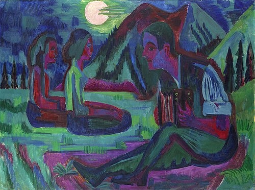 Ernst Ludwig Kirchner, Handorgler in Mondnacht. 1924 (Städel Museum,Frankfurt am Main,Kirchner,Ernst Ludwig,1880-1938,Öl auf Leinwand,20. Jahrhundert,Akkordeonspieler)