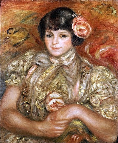 Pierre-Auguste Renoir, Mädchen mit Rose. (Portrait, Frau, Eleganz, Rosen,   Impressionismus, klassische Moderne, Wunschgröße, Wohnzimmer, Malerei)