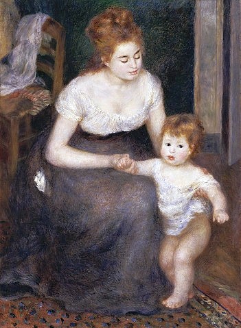 Pierre-Auguste Renoir, Die ersten Schritte. 1876 (Familienleben, Mutter/Kind,  Kleinkind, laufen lernen,  erste Schritte, Interieur, Zimmer, Impressionismus, klassische Moderne, Wunschgröße, Wohnzimmer, Malerei)