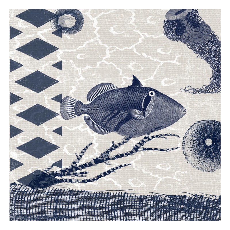 Sheldon Lewis, BLUE PACIFIC III (Fisch, Korrallenfisch, Seeigel, geometrische Muster, maritim, Meerestiere, Grafik, Badezimmmer, Treppenhaus, Wunschgröße, grau/blau)
