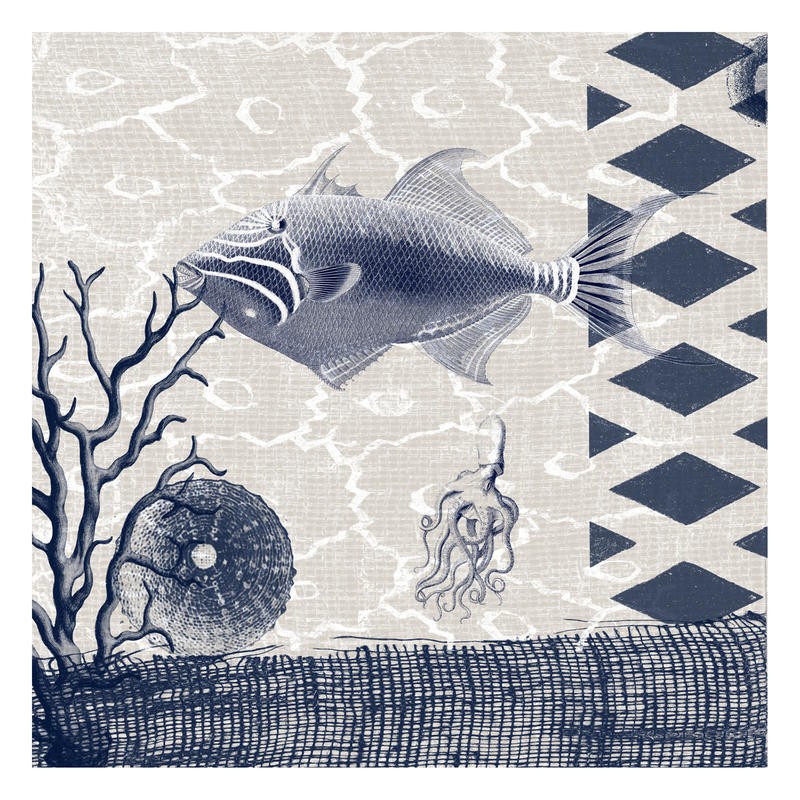 Sheldon Lewis, BLUE PACIFIC IV (Fisch, Korrallenfisch, Seeigel, geometrische Muster, maritim, Meerestiere, Grafik, Badezimmmer, Treppenhaus, Wunschgröße, grau/blau)