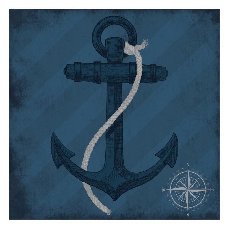 Jace Grey, SILVER ANCHOR (Anker, Schiffszubehör, Seil, Kompass, stilisiert, Wunschgröße, Grafik, Treppenhaus, Badezimmer, blau)