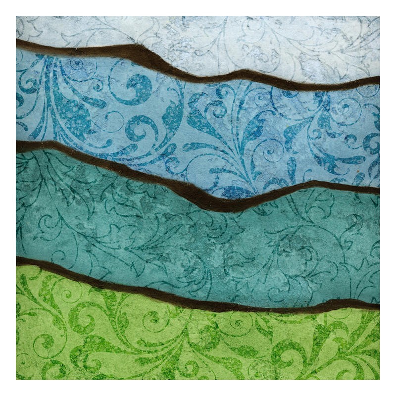Kristin Emery, RIVER EARTH BLUE II (Streifen, Wellen, Brokatmuster,  Wohnzimmer, Treppenhaus, Schlafzimmer, Wunschgröße, blau/grün)