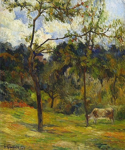 Paul Gauguin, Landschaft in der Normandie. 1884 (19. Jahrhundert,Gauguin,Paul,1848-1903,Öl auf Leinwand,Christie's Images Ltd,Paysage de Normandie Vache dans un Pre Paul Gauguin)