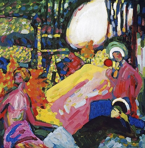 Wassily Kandinsky, Weißer Klang. 1908 (Kandinsky,Wassily,1866-1944,Öl/Karton auf Holz,Privatbesitz,20. Jahrhundert,Wassily Kandinsky weisser Klang bunt farbenfroh quadratisch)