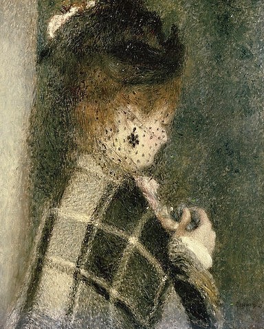 Pierre-Auguste Renoir, Junge Frau mit Schleier. Um 1875 (Portrait, Profil, Dame, Frau, Eleganz, Schleier, schwarzer Hut, Schultertuch, Impressionismus, klassische Moderne, Wunschgröße, Wohnzimmer, Malerei)
