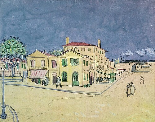 Vincent van Gogh, Das Gelbe Haus (Die Straße). 1888 (Gogh,Vincent van,1853-1890,Amsterdam,Van Gogh - Museum,Bleistift,19. Jahrhundert,Rohrfeder,braune Tusche und Aquarell auf Papier,Vincent van Gogh Straße Straßenecke Straßenszene Haus Häuser Eisenbahn Zug Laterne gelb Aquarell Frankreich)