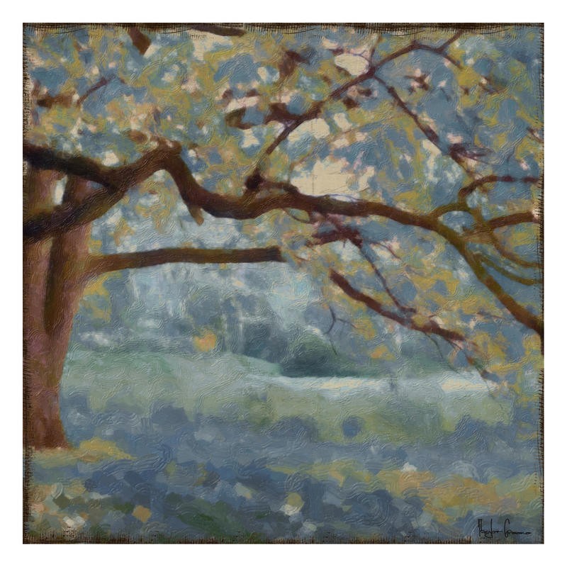 Taylor Greene, AZURE LANDSCAPE (Landschaft, Baum, Natur, modern, impressionistisch, zeitgenössisch, Wunschgröße, Wohnzimmer, blau/braun)