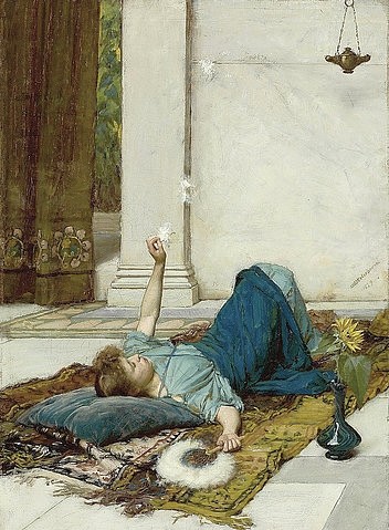 John William Waterhouse, Dolce far niente (Das süße Nichtstun). 1879 (Juneg Frau, Freizeit, Nichtstun, Liegende, Teppich, Fächer, Federn, Realismus, Präraffaeliten, Klassiker, Schlafzimmer, Wohnzimmer, Wunschgröße, bunt)