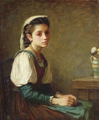 John William Waterhouse, Bildnis eines Mädchens mit einer Vase Gänseblümchen. (Portrait, Mädchen, Bürgertum, Melancholie, Realismus, Präraffaeliten, Klassiker, Schlafzimmer, Wohnzimmer, Wunschgröße, bunt)