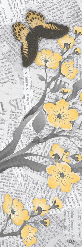Diane Stimson, CHERRY BLOSSOM YELLOW PANEL I (Zweige, Blütenzweige, Schmetterling, Falter, Silhouette, Zeitung, modern, Grafik, Wunschgröße, Treppenhaus, Wohnzimmer, grau/gelb)