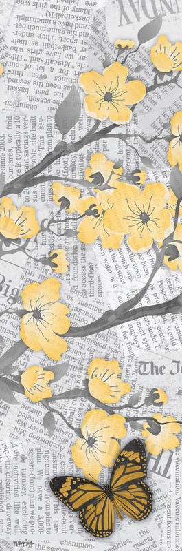 Diane Stimson, CHERRY BLOSSOM YELLOW PANEL II (Zweige, Blütenzweige, Schmetterling, Falter, Silhouette, Zeitung, modern, Grafik, Wunschgröße, Treppenhaus, Wohnzimmer, grau/gelb)