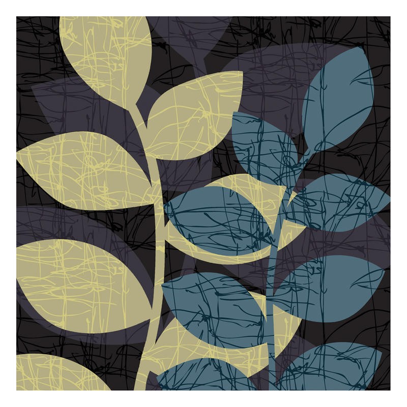 Kristin Emery, BLUE BOTANICAL I (Blätter, Zweige, Pflanzen, Muster, Grafik, modern, zeitgenössisch, Wohnzimmer, Treppenhaus, Wunschgröße, grau/gelb)