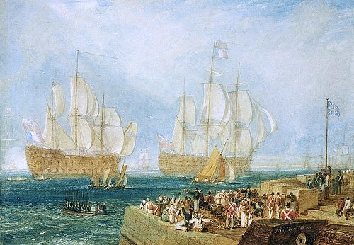 Joseph Mallord William Turner, Der Hafen in Plymouth. (Turner,Joseph Mallord William,1775-1851,Christie's Images Ltd,Aquarell/Bleistift,19. Jahrhundert,Joseph Mallord William Turner im Schlepptau Schiffe Segelschiff Segelschiffe Hafen Kai Quai Plymouth England Groß Britannien Meer Soldaten Menschenmenge)