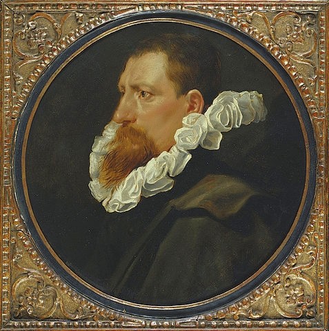 Peter Paul Rubens, Portrait eines Herren mit weißer Halskrause and grauem Mantel. (Portrait, Halskrause, Kragen, Profil, Mann, Gesellschaft, Bart, Rundbild, Tondo, Barock, Klassiker, Malerei,  Treppenhaus, Wohnzimmer, Wunschgröße, bunt)
