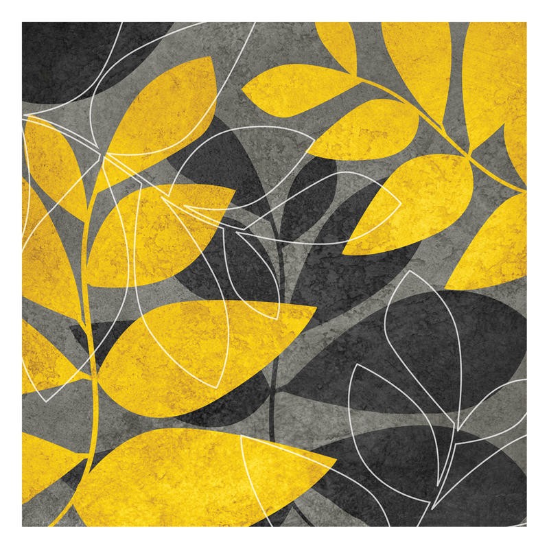 Kristin Emery, BLACK AND YELLOW I (Blätter, Zweige, Pflanzen, Muster, Grafik, modern, zeitgenössisch, Wohnzimmer, Treppenhaus, Wunschgröße, grau/gelb)