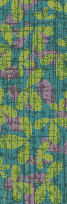 Kristin Emery, GREEN PURPLE PANEL I (Blätter, abstrahiert, Muster, Grafik, modern, zeitgenössisch, Wohnzimmer, Treppenhaus, Wunschgröße, grün/bunt)