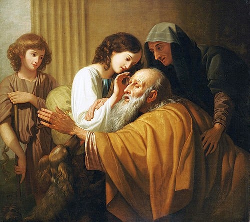 Benjamin West, Tobias heilt seinen blinden Vater. 1772 (Tobias, Vater, Sohn, alt, alter Mann, Greis, blind, Augenlicht, Blindheit, Erzengel, Raffael, Hand, ausstrecken, heilen Heilung,Klassiker, Wohnzimmer, Wunschgröße, Maleirei, bunt)