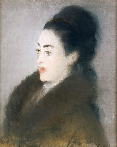 Édouard Manet, Dame in einem Pelzmantel. 1879 (Frau, Eleganz, Pelzmantel, , Impressionismus, Wohnzimmer, Klassiker, Wunschgröße, bunt,Portrait, Halbprofil.)