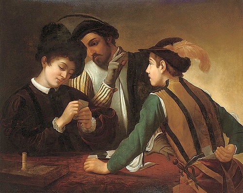 Michelangelo Merisi da Caravaggio, Die Falschspieler. (Betrug, Bertrüger, Männer,  Gesellschaft, Spiel, Hut, Kartenspiel, Falschspieler,  Hell-Dunkel, Barock, Klassiker, Malerei, Wunschgröße, Wohnzimmer)