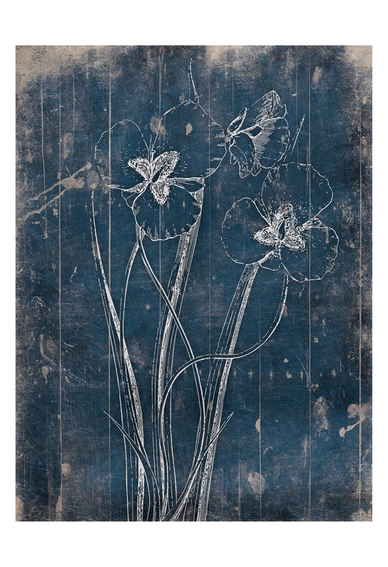Jace Grey, WOOD FLORAL BLUES II (Pflanze, Blume, stilisiert, filigran, blaue Paneele, Nostalgie, retro, Wunschgröße, Badezimmer, blau)
