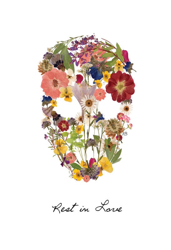 Victoria Brown, FLOWERS SKULL I (Totenkopf, Blumen, Blüten, Jung und Wild, rest in love, Grafik, Jugendzimmer, Treppenhaus,  Wunschgröße, bunt)