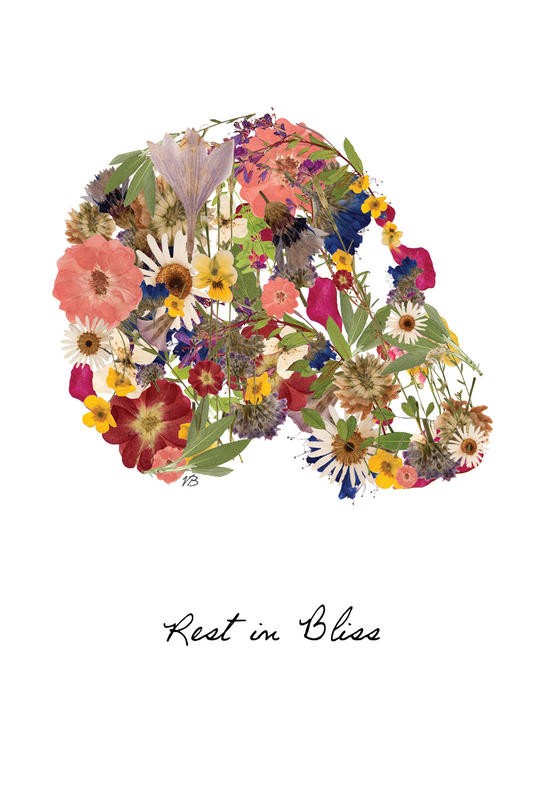 Victoria Brown, FLOWERS SKULL II (Totenkopf, Blumen, Blüten, Jung und Wild, rest in bliss, Grafik, Jugendzimmer, Treppenhaus,  Wunschgröße, bunt)