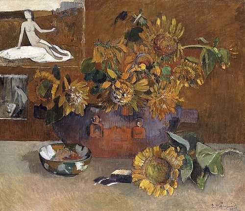 Paul Gauguin, Stillleben mit 'L'Esperance'. 1901 (Gauguin,Paul,1848-1903,Christie's Images Ltd,Öl auf Leinwand,20. Jahrhundert,Stillleben,Paul Gauguin,Nature Morte A 'L'Esperance,Post-Impressionismus,Sonnenblume,Sonnenblumen,Stillleben,Akt,Gemälde,Blumen)