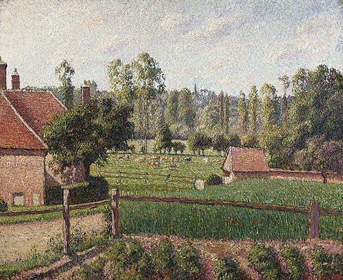 Camille Pissarro, Wiese in Eragny. 1889 (Christie's Images Ltd,Pissarro,Camille,1830-1903,Öl auf Leinwand,19. Jahrhundert,Camille Pissarro Bauernhaus Ackerboden Zaun Impressionismus Wiese draußen ländlich auf dem Land Sommer Gemüsebeet Weide Weideland, französischer impressionismus)