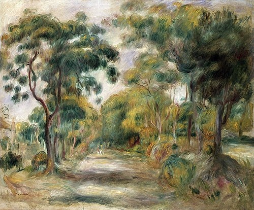 Pierre-Auguste Renoir, Landschaft in der Mittagssonne. 1900 (Landschaft, Landschaftsmalerei, Weg, Allee, Bäume, Frühling,   Impressionismus, klassische Moderne, Wunschgröße, Wohnzimmer, Malerei)